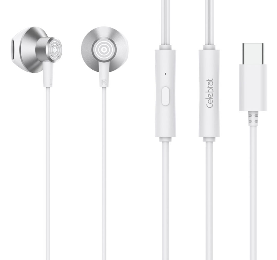 CELEBRAT earphones με μικρόφωνο D14, USB-C σύνδεση, Φ14mm, 1.2m, λευκά