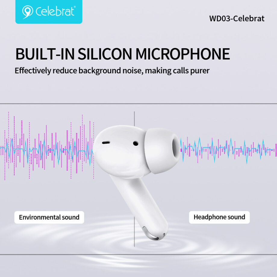 CELEBRAT earphones με θήκη φόρτισης WD03, True Wireless, 13mm, 30/300mAh, λευκά