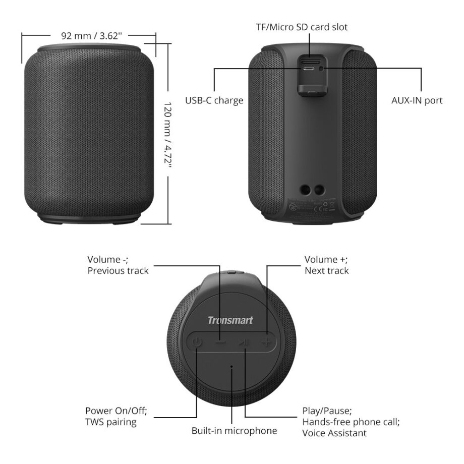 TRONSMART φορητό ηχείο T6 Mini Upgraded, 15W, Bluetooth, 2500mAh, IPX6, μαύρο